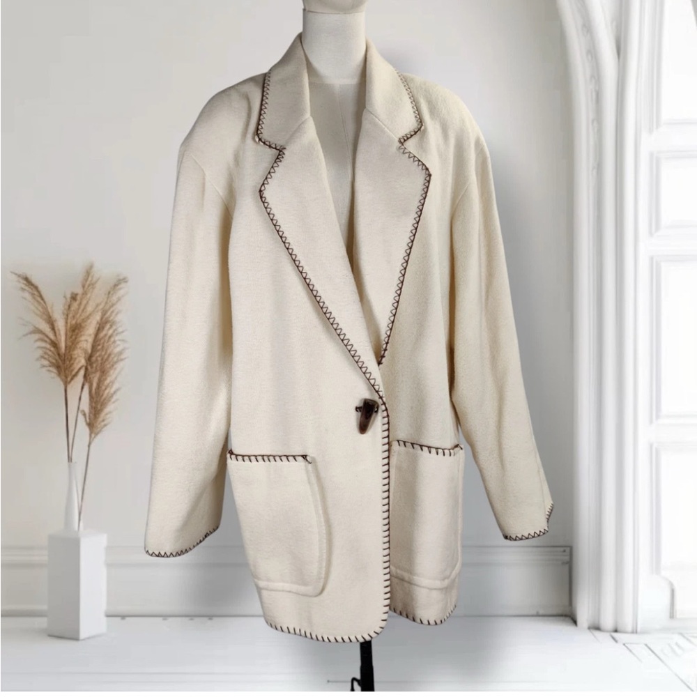 French Country Wool Blend Jacket M Ivory Whipstitch Trim Korea Lined Vintage